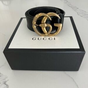 Gucci Black Leather Belt with Gold Snake Buckle